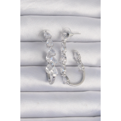 Mey İthalat® Pirinç Gümüş Renk Damla Zirkon Taş Tasarımlı Küpe