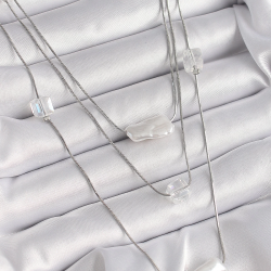 Mey İthalat® Pirinç Gümüş Renk Ezme İnci Model Çoklu Kadın Kolye