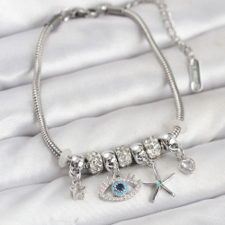 Mey İthalat® Pirinç Gümüş Renk Göz Model Charmlı Kadın Bileklik