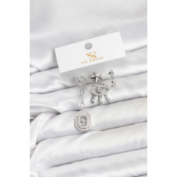 Mey İthalat® Pirinç Gümüş Renk Göz ve Kutup Yıldızı Model YSX Trio Küpe Seti