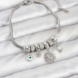 Mey İthalat® Pirinç Gümüş Renk Güneş Charmlı Kadın Bileklik
