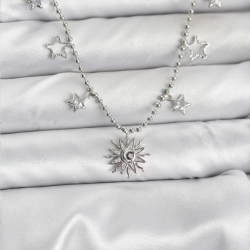 Mey İthalat® Pirinç Gümüş Renk Güneş Model Kadın Kolye