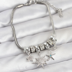 Mey İthalat® Pirinç Gümüş Renk Güneş Tema Charmlı Kadın Bileklik