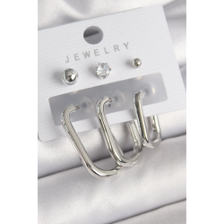 Mey İthalat® Pirinç Gümüş Renk Halka Model Zirkon Taşlı Topçuk Detay Kadın Küpe Seti