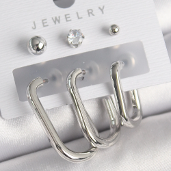 Mey İthalat® Pirinç Gümüş Renk Halka Model Zirkon Taşlı Topçuk Detay Kadın Küpe Seti