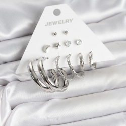 Mey İthalat® Pirinç Gümüş Renk Halka Modelli 6 Çift Kadın Küpe