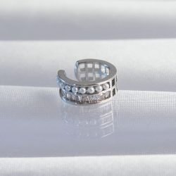 Mey İthalat® Pirinç Gümüş Renk İncili Baget Taşlı Earcuff Küpe