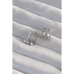 Mey İthalat® Pirinç Gümüş Renk İncili Çoklu Zirkon Taşlı Yarım Halka Küpe