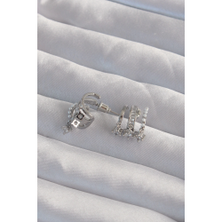 Mey İthalat® Pirinç Gümüş Renk İncili Çoklu Zirkon Taşlı Yarım Halka Küpe