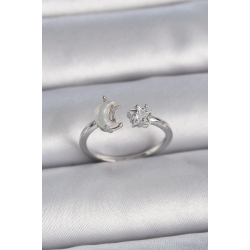 Mey İthalat® Pirinç Gümüş Renk İncili Hilal Zirkon Taşlı Yıldız Ayarlanabilir Kadın Yüzük