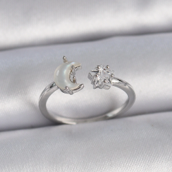 Mey İthalat® Pirinç Gümüş Renk İncili Hilal Zirkon Taşlı Yıldız Ayarlanabilir Kadın Yüzük