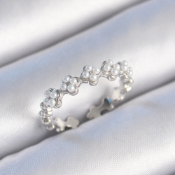 Mey İthalat® Pirinç Gümüş Renk İncili Yonca Model Kadın Yüzük