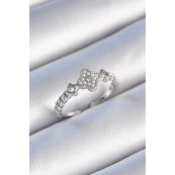 Mey İthalat® Pirinç Gümüş Renk İncili Yonca Model Zirkon Taş Detaylı Kadın Yüzük