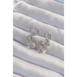 Mey İthalat® Pirinç Gümüş Renk İri Zirkon Taşlı Fiyonk Model Halka Küpe