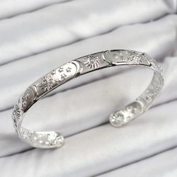 Mey İthalat® Pirinç Gümüş Renk İşlemeli Altı Açık Bileklik