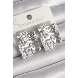 Mey İthalat® Pirinç Gümüş Renk İşlemeli Kare Plaka Model Kadın Küpe