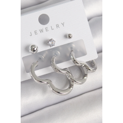 Mey İthalat® Pirinç Gümüş Renk Kalp Model Zirkon Taş Topçuk Detay Kadın Küpe Seti