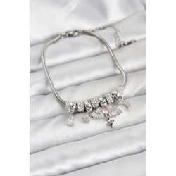 Mey İthalat® Pirinç Gümüş Renk Kanatlı Charmlı Kadın Bileklik