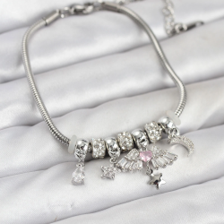 Mey İthalat® Pirinç Gümüş Renk Kanatlı Charmlı Kadın Bileklik