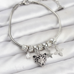 Mey İthalat® Pirinç Gümüş Renk Kaplan Model Charmlı Kadın Bileklik