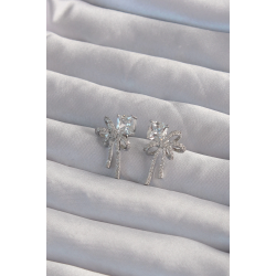 Mey İthalat® Pirinç Gümüş Renk Kare Zirkon Taşlı Fiyonk Küpe