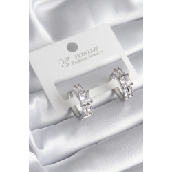 Mey İthalat® Pirinç Gümüş Renk Kare Zirkon Taşlı Kadın Küpe