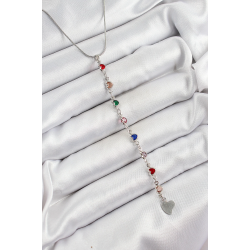 Mey İthalat® Pirinç Gümüş Renk Karışık Renk Zirkon Taşlı Kalpli Y Kadın Kolye