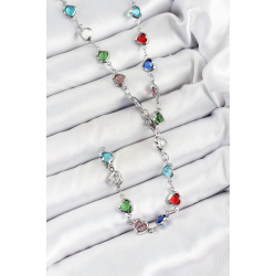 Mey İthalat® Pirinç Gümüş Renk Karışık Renk Zirkon Taşlı Kalpli Y Kadın Kolye