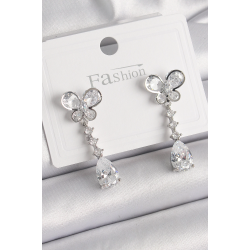 Mey İthalat® Pirinç Gümüş Renk Kelebek Model Sallantı Damla Zirkon Taşlı Kadın Küpe