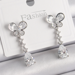 Mey İthalat® Pirinç Gümüş Renk Kelebek Model Sallantı Damla Zirkon Taşlı Kadın Küpe