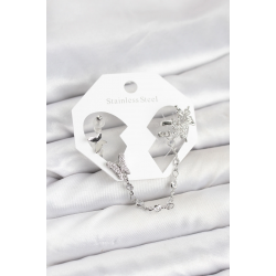 Mey İthalat® Pirinç Gümüş Renk Kelebek Model Zincir Bağlantılı Ear Cuff Küpe Seti