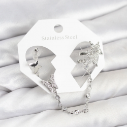 Mey İthalat® Pirinç Gümüş Renk Kelebek Model Zincir Bağlantılı Ear Cuff Küpe Seti