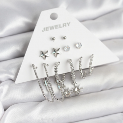 Mey İthalat® Pirinç Gümüş Renk Küpe Seti 6'lı