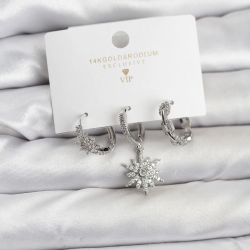 Mey İthalat® Pirinç Gümüş Renk Kutup Yıldızı Model 3'lü Kadın Küpe Seti