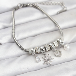 Mey İthalat® Pirinç Gümüş Renk Kutup Yıldızı ve Kalp Charmlı Kadın Bileklik