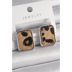 Mey İthalat® Pirinç Gümüş Renk Leopar Desenli Kare Model Kadın Küpe