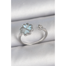 Mey İthalat® Pirinç Gümüş Renk Mavi Mineli Yonca Model Zirkon Taş Detay Ayarlanabilir Kadın Yüzük