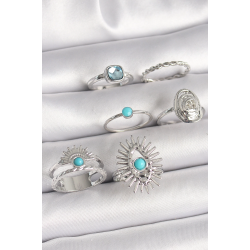 Mey İthalat® Pirinç Gümüş Renk Mavi Taşlı Kare Zirkon Taş Detaylı Kadın Yüzük Kombini