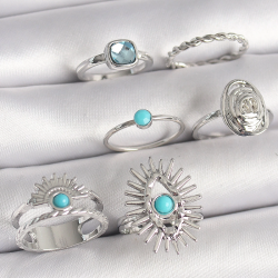 Mey İthalat® Pirinç Gümüş Renk Mavi Taşlı Kare Zirkon Taş Detaylı Kadın Yüzük Kombini