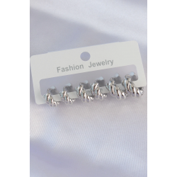 Mey İthalat® Pirinç Gümüş Renk Minimal Tırtıklı Küpe Seti