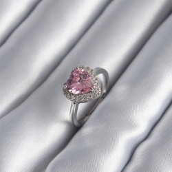 Mey İthalat® Pirinç Gümüş Renk Pembe Zirkon Taş Kalp Charm Model Kadın Yüzük