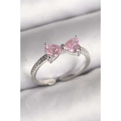 Mey İthalat® Pirinç Gümüş Renk Pembe Zirkon Taşlı Kalp Fiyonk Model Kadın Yüzük