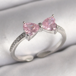 Mey İthalat® Pirinç Gümüş Renk Pembe Zirkon Taşlı Kalp Fiyonk Model Kadın Yüzük