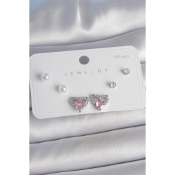 Mey İthalat® Pirinç Gümüş Renk Pembe Zirkon Taşlı Kalp Model İnci Detay 925 Ayar Gümüş Çivi Kadın Küpe Seti