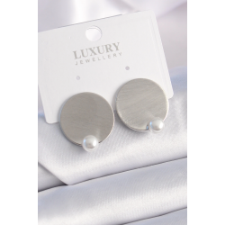 Mey İthalat® Pirinç Gümüş Renk Plaka Model İnci Detay Kadın Küpe