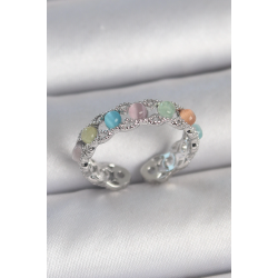 Mey İthalat® Pirinç Gümüş Renk Renkli Mineli Ayarlanabilir Kadın Yüzük