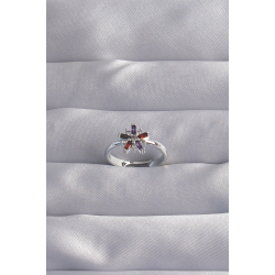 Mey İthalat® Pirinç Gümüş Renk Renkli Zirkon Taşlı Ayarlamalı Yüzük