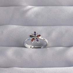 Mey İthalat® Pirinç Gümüş Renk Renkli Zirkon Taşlı Ayarlamalı Yüzük