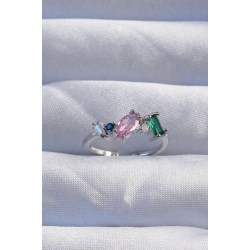 Mey İthalat® Pirinç Gümüş Renk Renkli Zirkon Taşlı Ayarlanabilir Yüzük