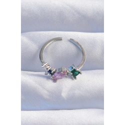 Mey İthalat® Pirinç Gümüş Renk Renkli Zirkon Taşlı Ayarlanabilir Yüzük